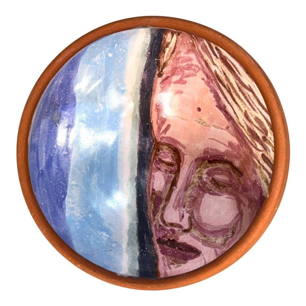 Studio Pottery Face Girl Handcrafted Terracotta Bowl Woman Portrait Signed 9"